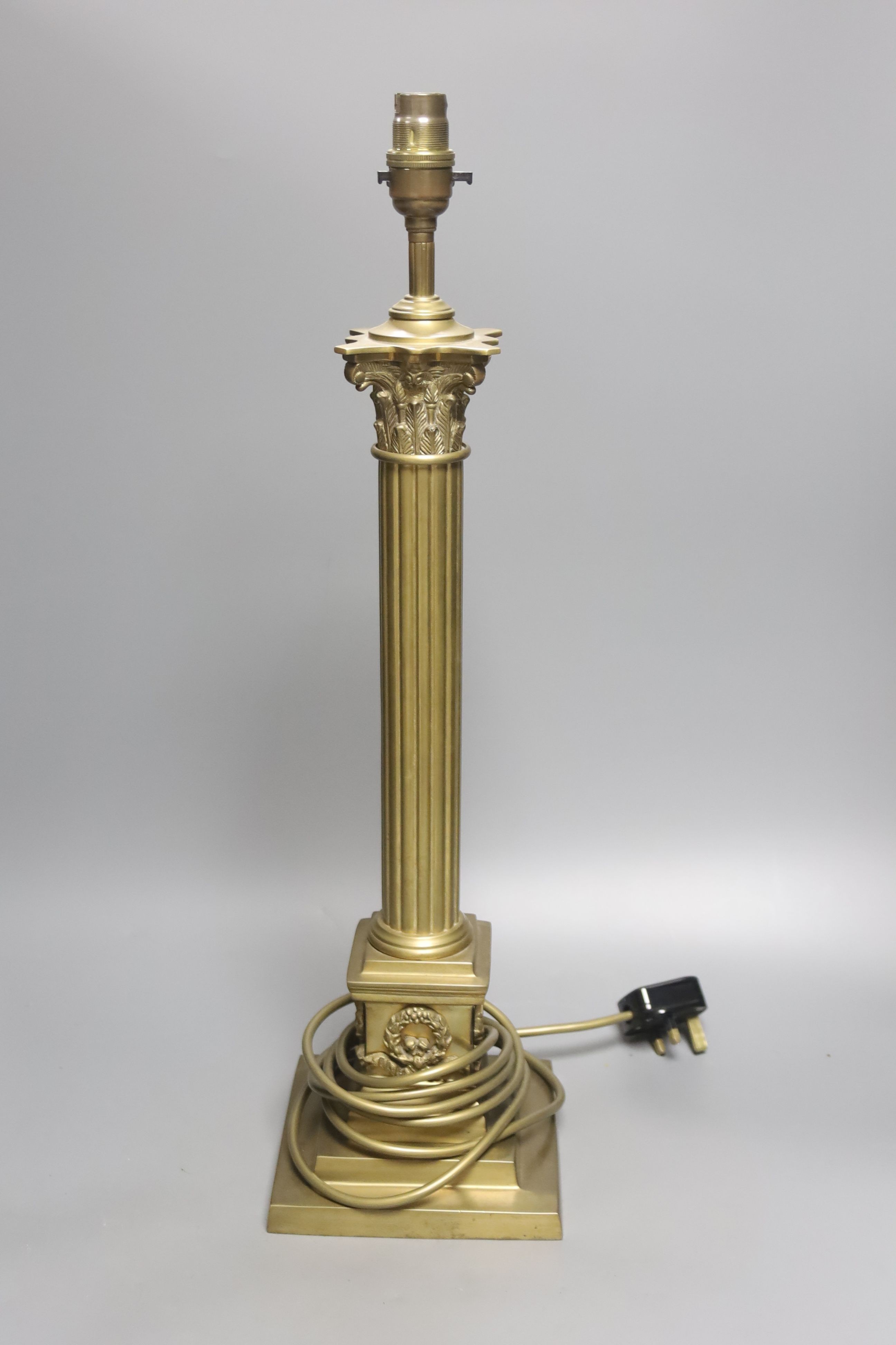 A brass Corinthian column table lamp base, height 47cm exc. light fitting